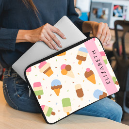 アイスクリームパターン、アイスクリームコーン、あなたの名前 ラップトップスリーブ