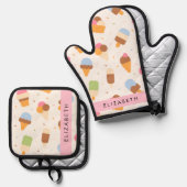 アイスクリームパターン、アイスクリームコーン、あなたの名前 鍋つかみ&鍋敷きセット (正面/裏面)