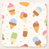 アイスクリームパターン、アイスクリームコーン、アイスポピクル スクエアペーパーコースター (正面)
