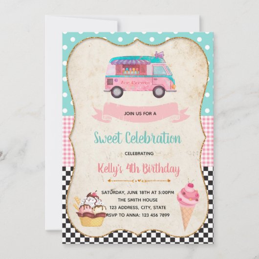 アイスクリームパーティーの誕生日の招待 招待状 (正面)