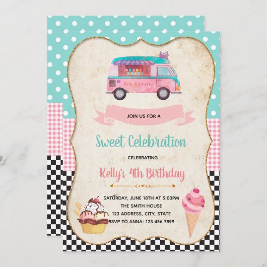 アイスクリームパーティーの誕生日の招待 招待状 (正面/裏面)