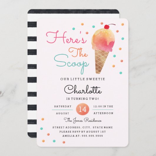 アイスクリームパーティーキッズピンク誕生日招待状 招待状 (正面/裏面)
