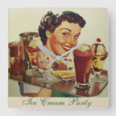 アイスクリームパーティートレー付きアイスクリームガール スクエア壁時計 (正面)