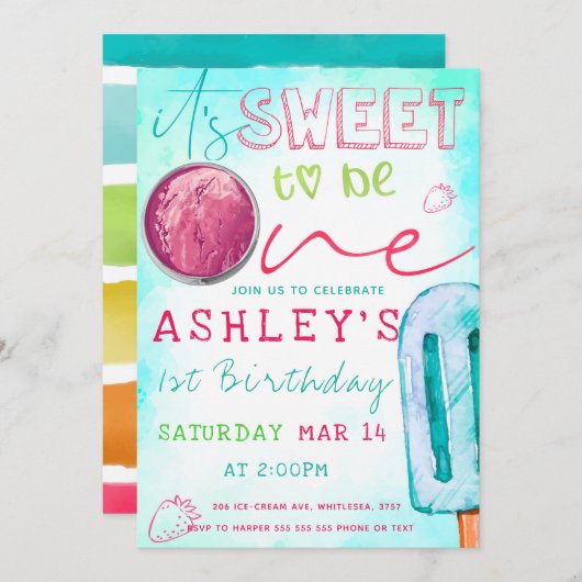 アイスクリームパーティーファースト誕生日 招待状 (正面/裏面)