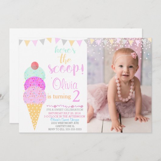 アイスクリームパーティー水彩アイスクリームコーン 招待状 (正面/裏面)