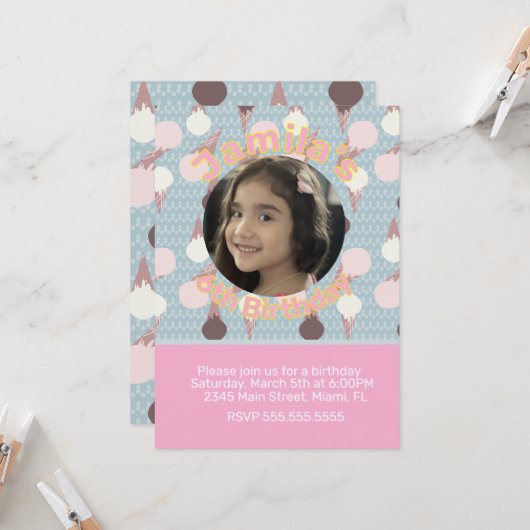 アイスクリームパーティー誕生日写真 招待状 (正面/裏面インサイチュ)