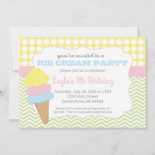 アイスクリームパーティー誕生日、アイスクリームソーシャル 招待状 (正面)