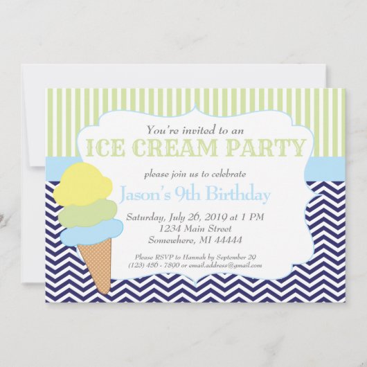 アイスクリームパーティー誕生日、アイスクリームソーシャル 招待状 (正面)