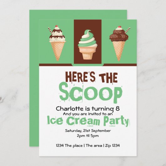 アイスクリームパーティー パーソナライズされた 招待状 (正面/裏面)