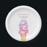 アイスクリームピンクガールズバースデーパーティー ペーパープレート<br><div class="desc">おもしろいアイステーマキッドの誕生日パーティー紙プレート水彩イラストレーションピンクと紫のアイスクリームのワッフルコーンに。夏素晴らしの女の子のパーティーのために</div>