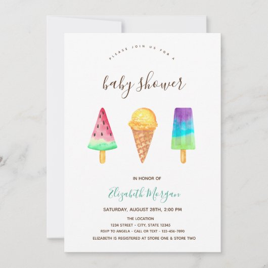 アイスクリームピンクストライプのの夏の赤ちゃんシャワー 招待状 (正面)