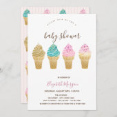 アイスクリームピンクストライプのベビーシャワー 招待状 (正面/裏面)