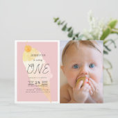 アイスクリームピンクストライプの女の子1st誕生日 招待状 (スタンド正面)