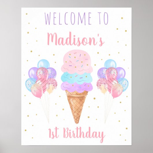 アイスクリームピンク金ゴールドパステル誕生日ウェルカム ポスター (正面)