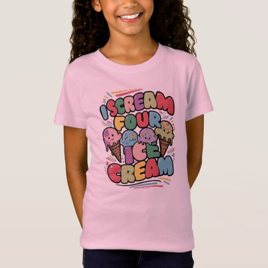 アイスクリームピンク4歳の誕生日の女の子 Tシャツ (正面)