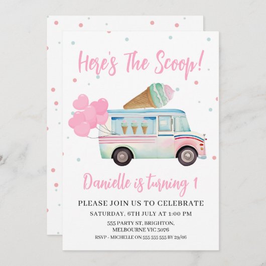 アイスクリームファンここでスクープの最初の誕生日 招待状 (正面/裏面)