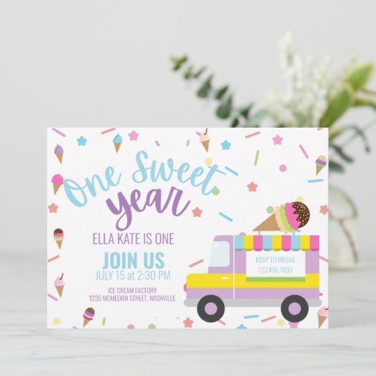 アイスクリームファースト誕生日ベビーガールパーティー 招待状 (スタンド正面)