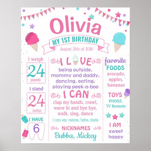 アイスクリームファースト誕生日マイルストーンサイン ポスター (正面)