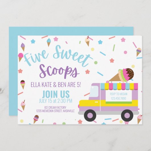 アイスクリームフィフス5誕生日サマー誕生日 招待状 (正面/裏面)