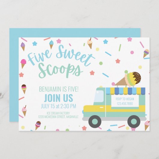 アイスクリームフィフス5誕生日兄弟姉妹ツインズ 招待状 (正面/裏面)