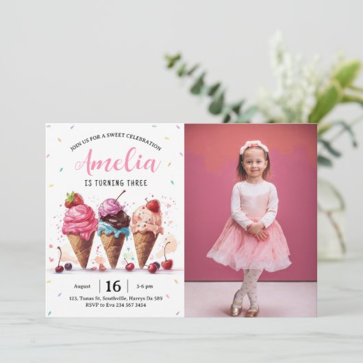アイスクリームフォトバースデーパーティー 招待状 (スタンド正面)