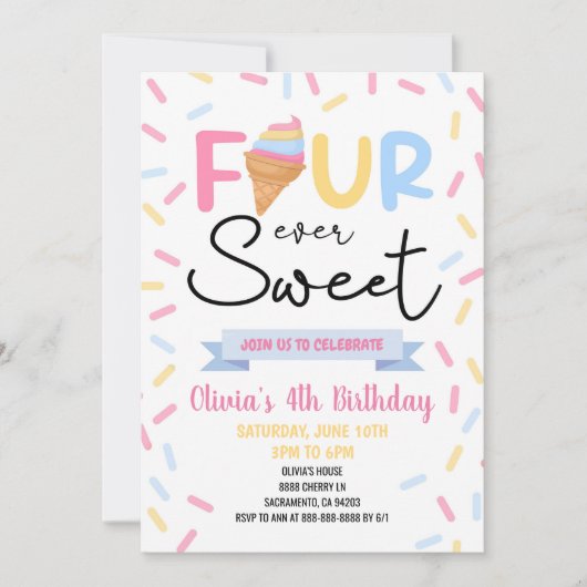 アイスクリームフォーエバースウィート4th誕生日パーティー 招待状 (正面)