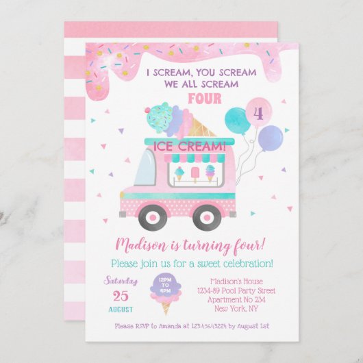 アイスクリームフォー4th誕生日パーティの招待状 セーブザデート (正面/裏面)