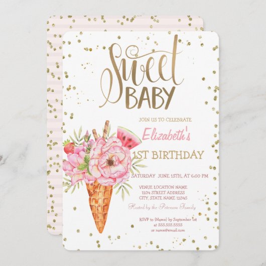 アイスクリームフラワーズフルーツダイヤモンド誕生日 招待状 (正面/裏面)