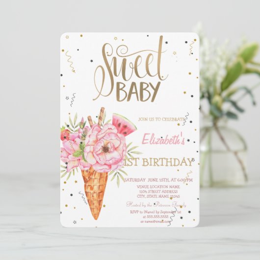 アイスクリームフラワーズフルーツ誕生日 招待状 (スタンド正面)