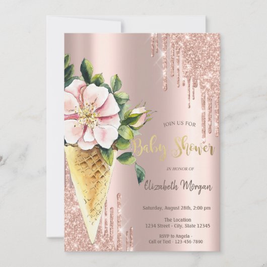 アイスクリームフラワーバラ金ゴールドスイーツベビーシャワー 招待状 (正面)