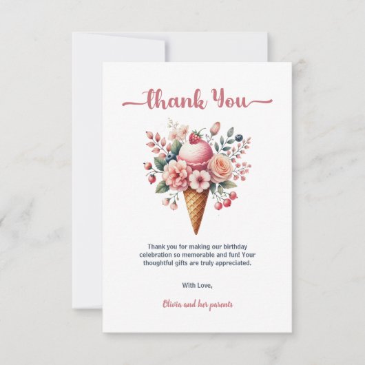 アイスクリームフローラベリクールーガールバースデーパーティー サンキューカード (正面)