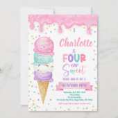 アイスクリームフーバースウィート4th誕生日パーティーピンク 招待状 (正面)