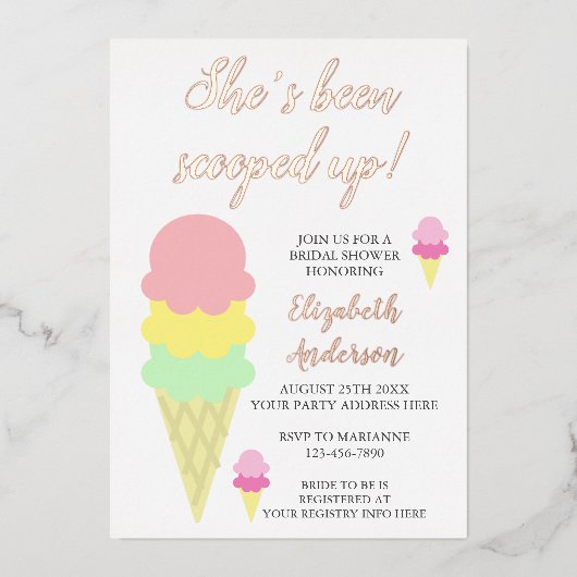 アイスクリームブライダルシャワー招待をスクープ 箔招待状 (正面)