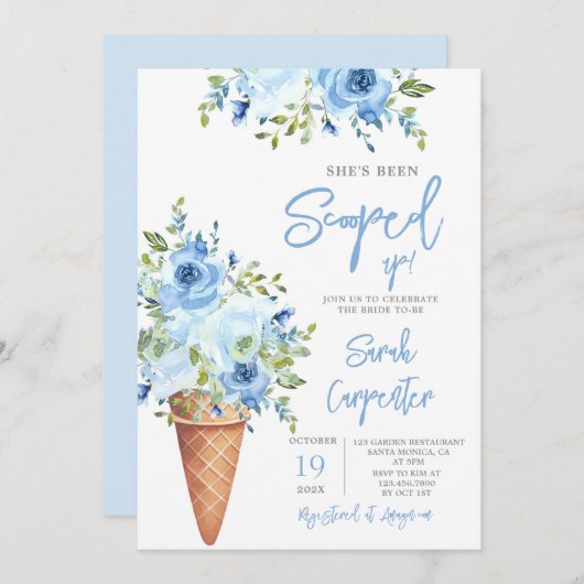 アイスクリームブルーフローラブライダルシャワー 招待状 (正面/裏面)
