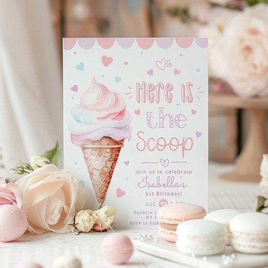アイスクリームヘアースクープのパステル1歳の誕生日 招待状
