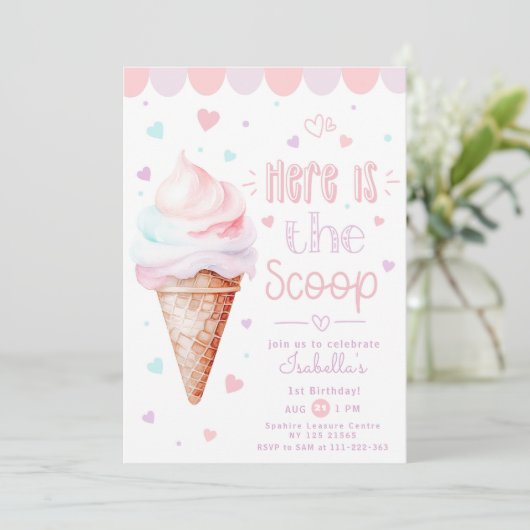アイスクリームヘアースクープのパステル1歳の誕生日 招待状 (スタンド正面)