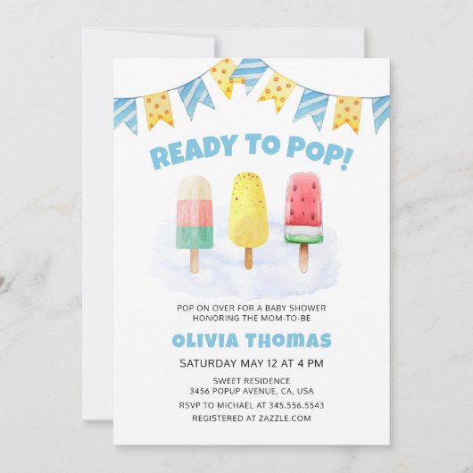 アイスクリームベビーシャワーにポップ・アートの準備ができている青いポッシクル 招待状 (正面)