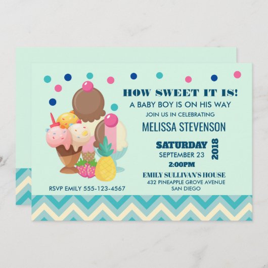 アイスクリームベビーシャワーの甘さ 招待状 (正面/裏面)