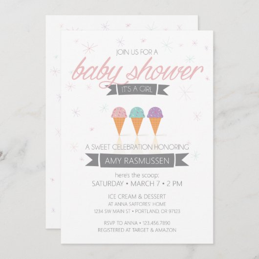 アイスクリームベビーシャワー招待状It a Girl 招待状 (正面/裏面)