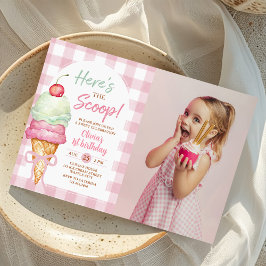 アイスクリームボウの1歳の誕生日フォト「Here's The Scoop」 招待状