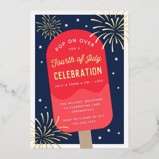 アイスクリームポップ・アートの7月4日パーティー 箔招待状 (正面)