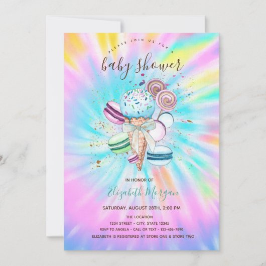 アイスクリームマカロンサマー絞り染めベビーシャワー 招待状 (正面)