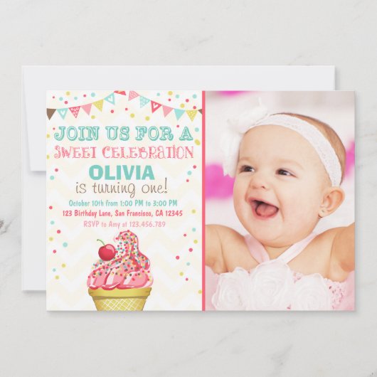 アイスクリームミントピンクパーティー誕生日招待状 招待状 (正面)