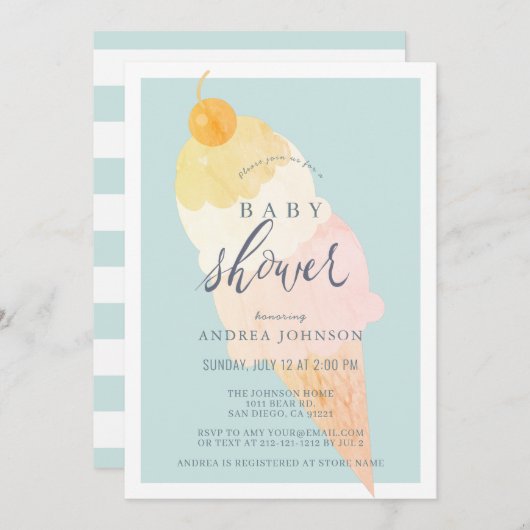 アイスクリームライトブルーボーイベビーシャワー 招待状 (正面/裏面)