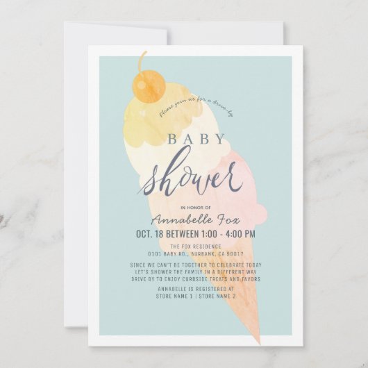 アイスクリームライトブルー男の子ドライブバイベビーシャワー 招待状 (正面)