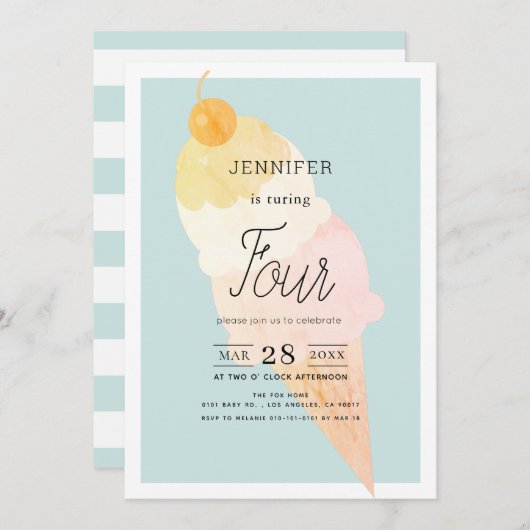 アイスクリームライトブルー誕生日 招待状 (正面/裏面)