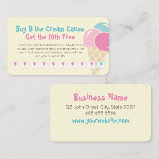 アイスクリームロイヤリティスタンプパンチ買カード – 9ゲット1 ロイヤリティカード (正面/裏面)