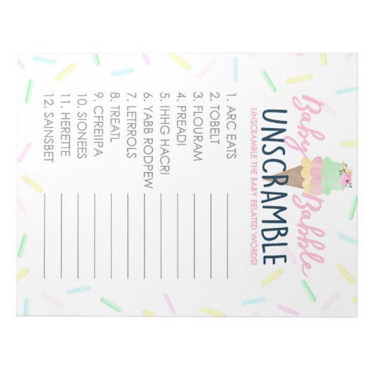 アイスクリームワードのアンスクランブルベビーシャワーゲームパック ノートパッド (正面)