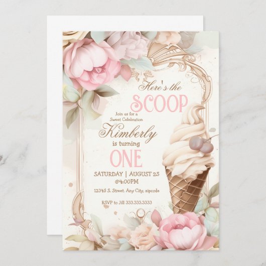 アイスクリームヴィンテージ、フローラアイスクリームコーン 招待状 (正面/裏面)