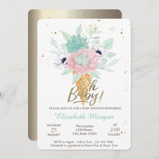 アイスクリーム多肉食オベビー夏の赤ちゃんシャワー 招待状 (正面/裏面)